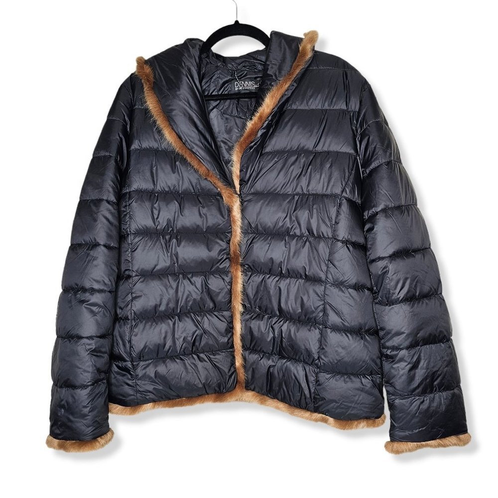 ❤️Dennis Basso Size Large Black Quilted Jacket WIth Fauz Mink Trim Puffer